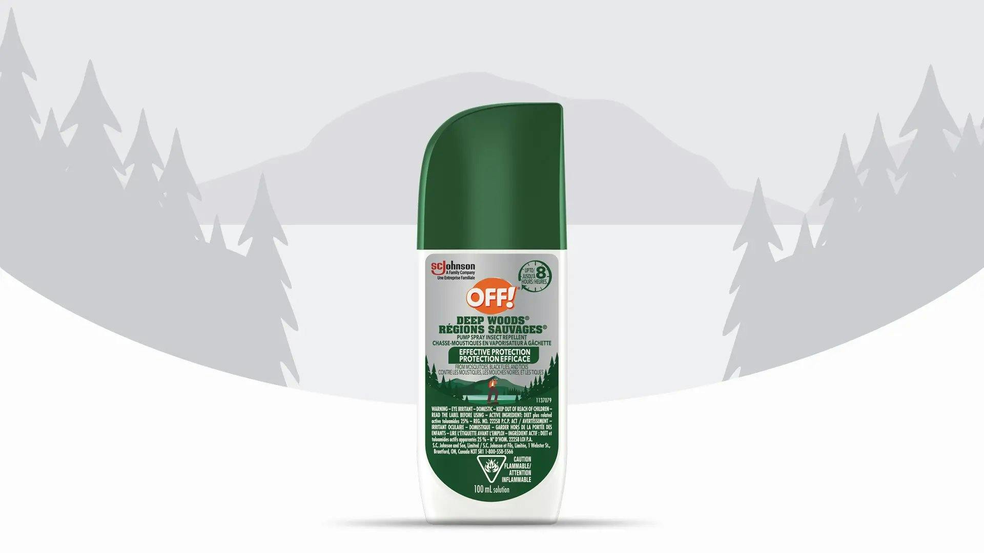 Front of an OFF!® Deep Woods® Pump Spray Insect Repellent bottle