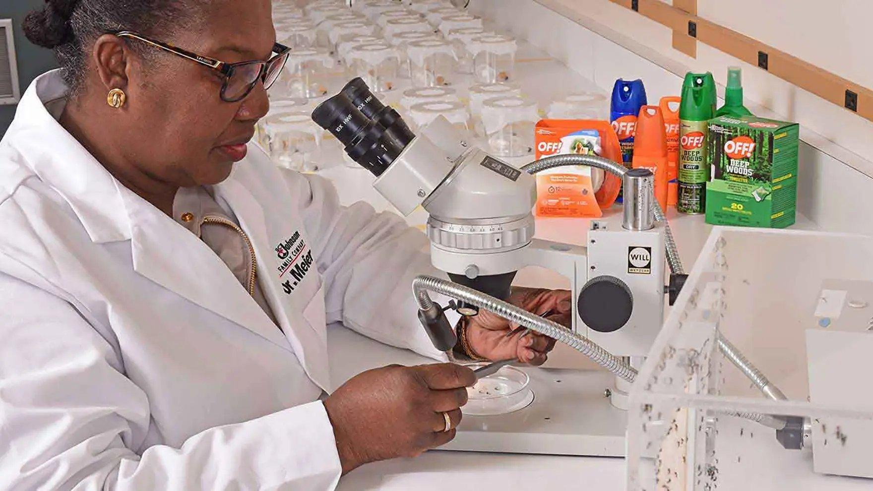 Female in a doctor's while coat looks at a petri dish under a microscope